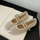 Mesh Sandals Women 2025 Spring And Summer New Cool One-Word Buckle With Round Head Flat Bottom Shallow Mouth Mary Jane Single