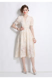 French Gentle Heavy Industry Embroidery V Zero Bubble Sleeve Dress Women's New Single Buckle Shed Skinny