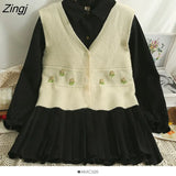 Flower Sweater Dress Two-piece Set Fashion V Neck Singlle-Breasted Knittd Vest Tops+Long Sleeve Shirt Dress Women