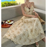 Zingj Tea Break Dress Female 2023 Summer Waist Show Thin Hepburn Style Temperament Floral Halter