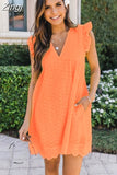 Dress with Pockets 2023 Summer Short Sleeve Lace Dresses for Women Hollow Out Spliced V-neck High Waist Party Dress