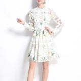 Famous Elegant Hollow Hook Flower Embroidery To Receive Waist Print Dress Women's Fashion