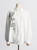 Spring New Fashion Temperament Stand Collar Heavy Industry Water Diamond Flowers Inlaid Loose Show Thin Women's Long Sleeve