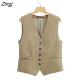Women Fashion V Neck Sleeveless Single Breasted Linen Vest Jacket Office Ladies Casual Slim WaistCoat Tops