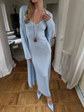Hot Knitted Hollow Vest Long Skirt + Long Sleeve Open Shirt Set Women's Soft Knitwear