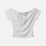 New Slanted Shoulder Pure Hottie Gray T-Shirt Girl Loose Heavy Metal Decorative
