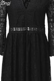 Women Elegant Floral Lace Long Sleeve Dress See Through V-neck Solid Color High Waist Hollow Out Party Dress Female Vestidos