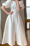 French Holiday White Dress Short Puff Sleeves Zipper Front A Line Slim Dress Vestidos Elegant Party Dress Summer