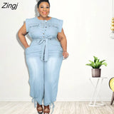 Women Clothing Summer Denim Jumpsuit Washed Jeans Romper Buttons Jump Suit Cowboy Wide Leg Pant Jumpersuit