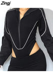 Streetwear Cargo Style Hooded Black Bodysuit Women Stripe Stitching Zipper Bodycon Body Fashion Moto Autumn