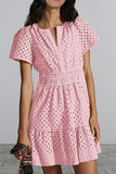 Women's V-Neck A-Shaped Hollow Lace Folded Short-Sleeved Mini