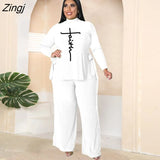 Casual Solid Women Two Piece Set Elegant Turtleneck Tops And Wide Leg Pants Outfits 2023 Fashion Long Sleeve Lady