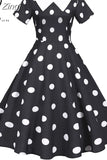 Women Summer Yellow Polka Dot Short Sleeve Peter Pan Collar Elegant Party Dress Casual Vintage A-line Midi