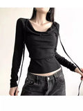 Retro Solid Color Collar With Long-Sleeved T-Shirt Autumn And Winter New Slimming Thin Shirt