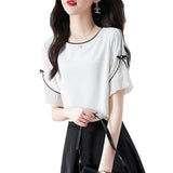 A Bow Round-Neck Short-Sleeved Chiffon Sleek Sleek Shirt For Women's New Elegant Oceanic Career In Summer