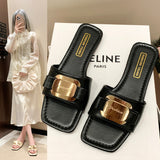 Flat-Bottomed Women's Slippers Metal Button With Cool Slippers Women Summer Wearing Beach Plus 43 Women's