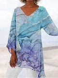 Women's Clothing 2025 Summer New T-Shirt Casual Loose Irregular Print Long-Sleeved V-Neck