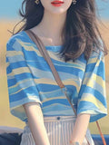 Korean Chic Oceanous Special To Beautiful Blouse Loose And Thin Blue Striped