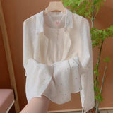 New French Fashion Design Slid Sun Protection Blouse POLO Thin Perspective White Shirt
