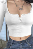 Women Ribbed Causal T-shirts Crop Tops Spring Autumn Slim Fit Base Tees Solid Long Sleeve Buttons T-shirts