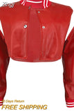 Women's Autumn Winter Short Baseball Coat Long Sleeve Button Contrast Color PU Leather Jacket Coats Y2K