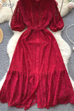 Women Lace Party Long Dress Vintage O-Neck Puff Short Sleeve High Waist Single Breasted A-Line Elegant Vestidos