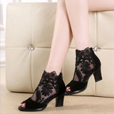 Hot Large-Size Mesh High Heels Coarse Heel Lace Fish Shoes Women's Sandals
