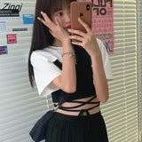 Women Sets 2 Piece Fashionable Lace Up Camis Super-short Loose O-Neck T-shirt Solid Leisure Korean Version All-match Summer