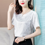 Women's Blouse Satin O-Neck Short shirts Pretty and Cheap White Print Silk Fashion Women Blouses 2023 Elegant Summer Female