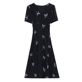 Summer New French Black V To Receive Long A-Dress Flower Showing Thin Short-Sleeved Dress