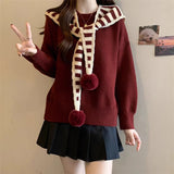 Two Striped Shawl Knitted Jersey Anola Red Sweater Women's Autumn And Winter Loose Knitted