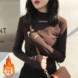 Zingj Spring 2024 Half Turtleneck Jacket Bottom Shirt Women's Letters Embroidered Slim Students Solid Color And Velvet Long Sleeve T-Shirt
