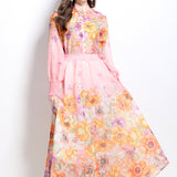 Lady Print Set Of Women's Holiday Style Collar Lantern Sleeves Thin Shirt High Waist Large Swing Long