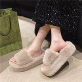 Base Simple Hairy Slippers Women Wear 2025 Autumn And Winter New Korean Version Of Home Toe A Word Wool Cotton