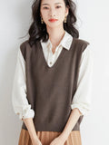 Zingj Blend 2024 Autumn / Winter New Ladies Loose V-Neck Solid Color Short Cover Vest Knit Vest Vest-Outfit