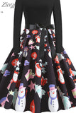 Women Christmas Long Sleeve Print Elegant Vintage Knee-length Party Dress Robe Autumn Winter Casual Xmas