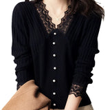 V-Neck Lace Knitted Shirt Original Single Italian Women's Single Single Autumn European Long Sleeve Bottom Top