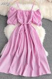 Vintage Women Spaghetti Strap Plaid Dress Female Elegant Short Puff Sleeve High Waist A-Line Casual Vestidos New