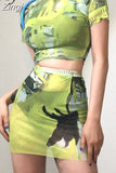 Y2K Summer Two Piece Sets Short Sleeves Tee Shirt And Mini Skirts Green Irregular Print for Women Casual Streetwear
