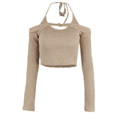 Zingj Pure Desire Wind Hot Girl Women's Sexy V Neck Hanging Neck Exposed Back Strap Vest One Word Collar Long Sleeve Vest