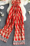 Bohemian Women Printed Jumpsuits Female Sexy Slash Neck Off Shoulder High Waist Wide Leg Loose Romper Vacation Beach