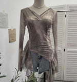 Shooting Ribbon Mesh Yarn Leaf Side Retro Print V Collar Horn Sleeve Top Spring And Summer Short Repair T-Shirt