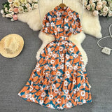 Vintage Women Printed Long Dress Elegant Turn-Down Collar Single Breasted Short Sleeve High Waist A-Line Maxi Vestido