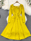 Vintage Women Square Collar Midi Dress Elegant Green/Pink/Red High Waist Slim Draped Big Swing Vestidos Female Robe