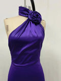 Purple Satin Halter Neck 3D Flower Design Backless Maxi Dress- Outfit