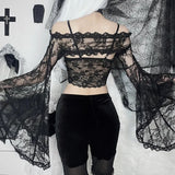 Dark Style Sexy Blouse Female Button Splicing Lace Perspective Long-Sleeved Sweater