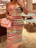 Colorful Striped Maxi Dress Women Sleeveless Halter Low Chest Backless Vacation Robe Ladies Party Clubwear