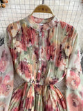 Autumn Bohemian Women Tie Dye Printed Pleated Long Dress Boho Stand Collar Puff Sleeve High Waist Draped Maxi Vestido