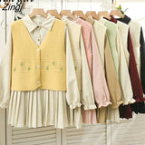 Flower Sweater Dress Two-piece Set Fashion V Neck Singlle-Breasted Knittd Vest Tops+Long Sleeve Shirt Dress Women