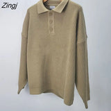 Solid Knit Pullovers Women Loose BF Simple Unisex Turn-down Collar Streetwear All-match Vintage Leisure Sweaters Chic